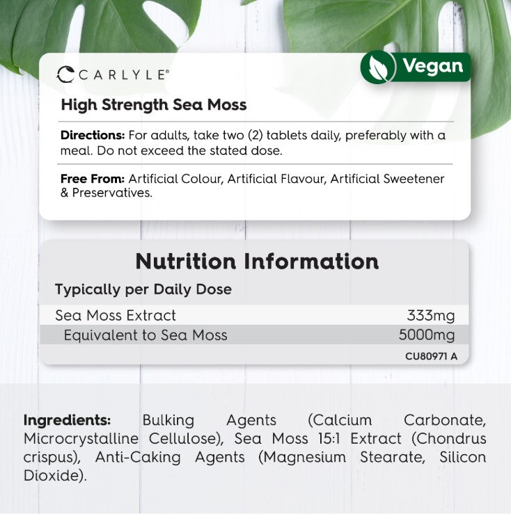 CU Sea Moss 5000mg 120 Vegan Tablets graphic showing directions, nutrition facts, ingredients, and Vegan badge.