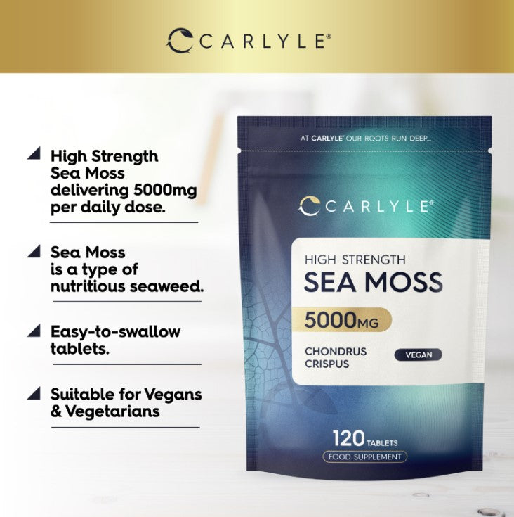 High Strength Sea Moss 5000mg with 120 vegan tablets, Chondrus Crispus, as a food supplement.
