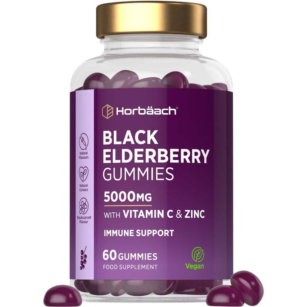 Jar of Black Elderberry 5000mg Vegan Gummies, 60 count, with several loose gummies on display.