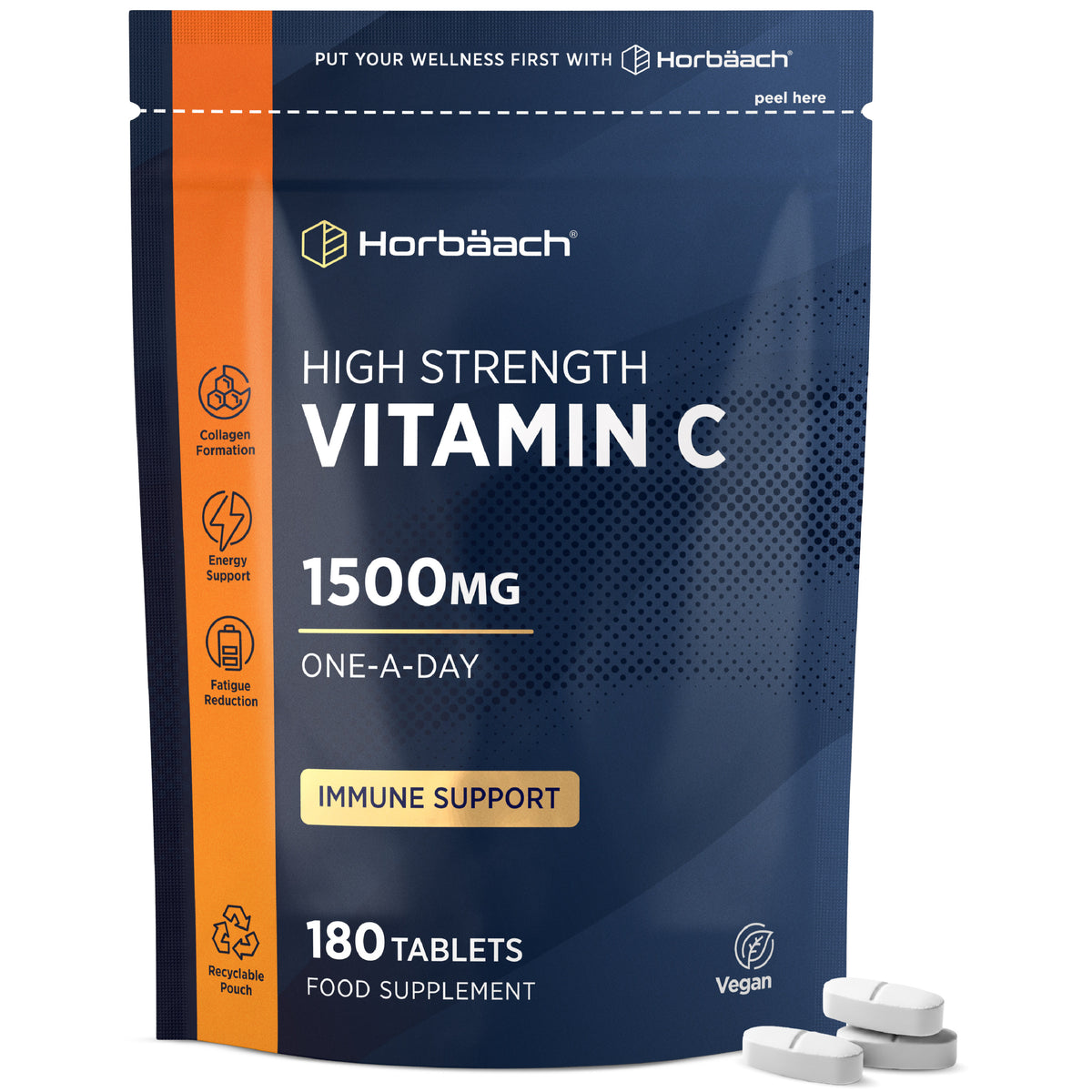 Horbäach High Strength Vitamin C 1500mg, 180 Tablets, One-A-Day, Food Supplement in a Recyclable Pouch, plus loose tablets, Vegan.