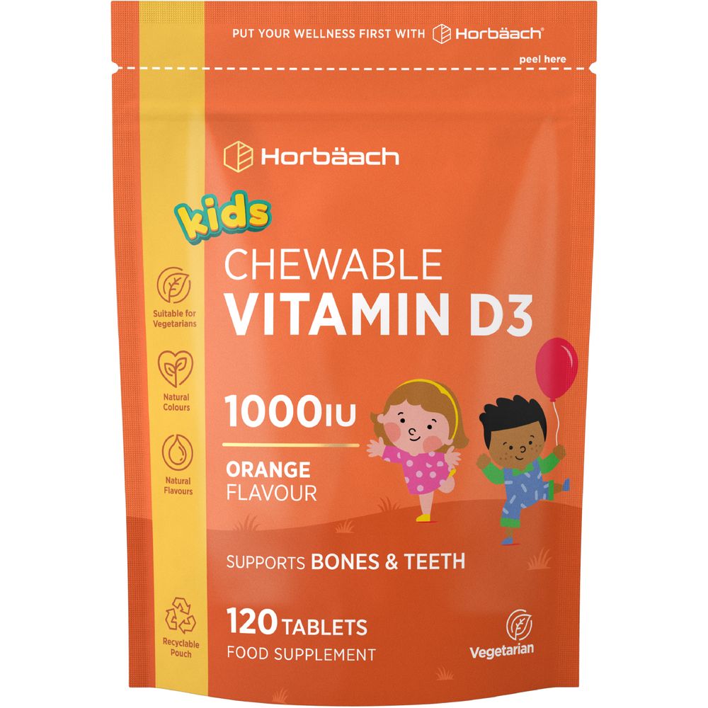 Horbäach Kids Chewable Vitamin D3, Orange Flavour, 1000 IU, 120 Tablets. Supports bones and teeth. Vegetarian-friendly.