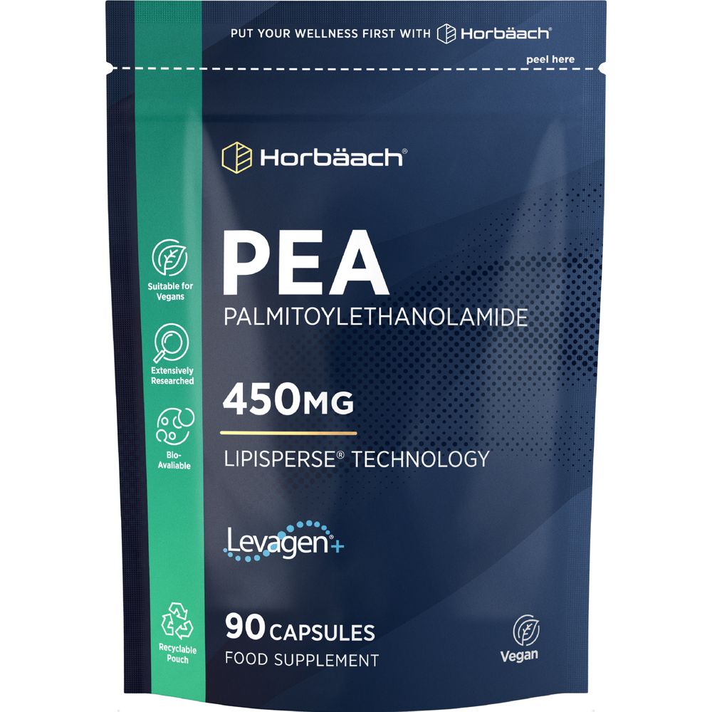Hand holding a bottle of PEA Palmitoylethanolamide, containing 450mg per serving and 90 vegan capsules.