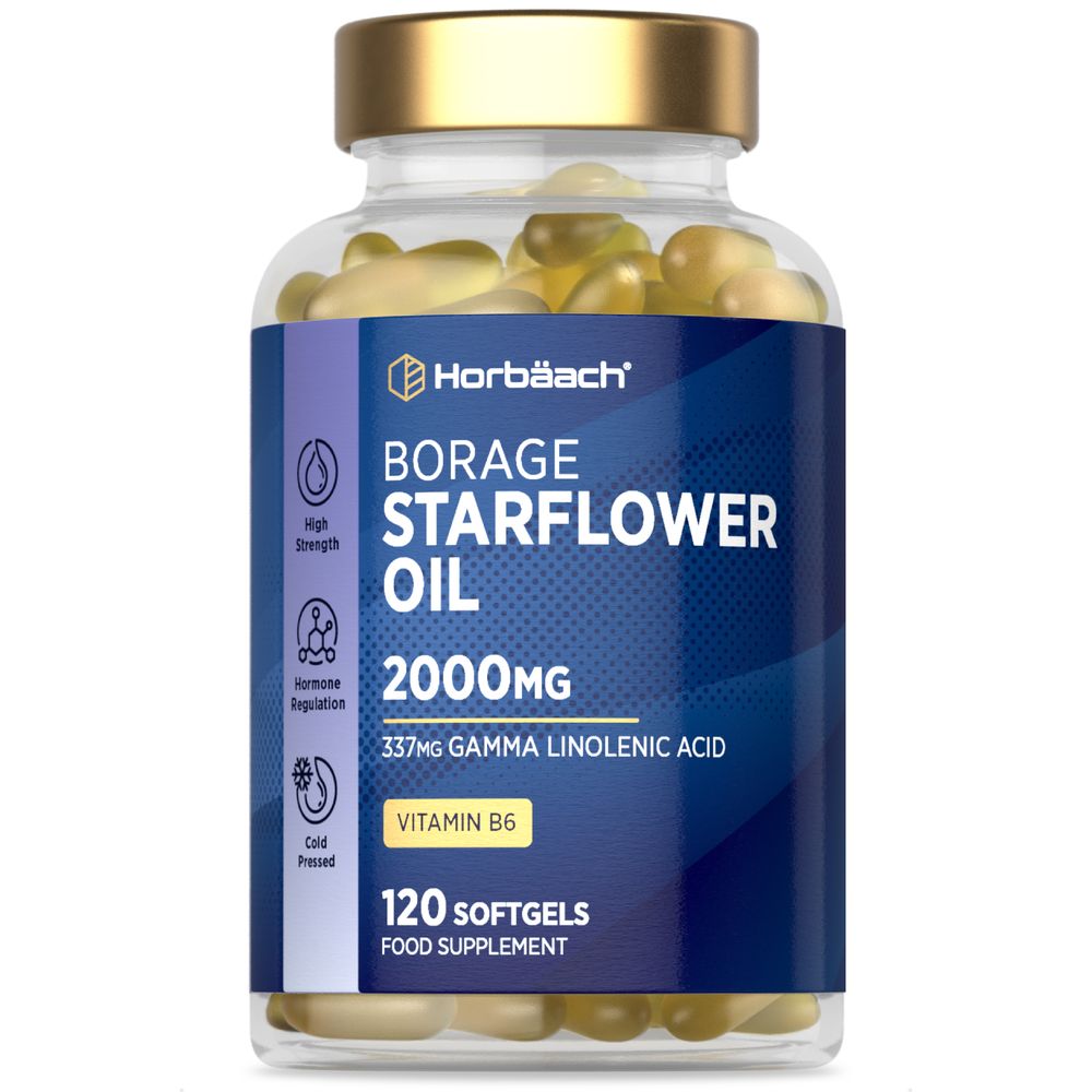 A bottle of 120 Borage Starflower Oil 2000mg softgels is displayed, showcasing its packaging and size.