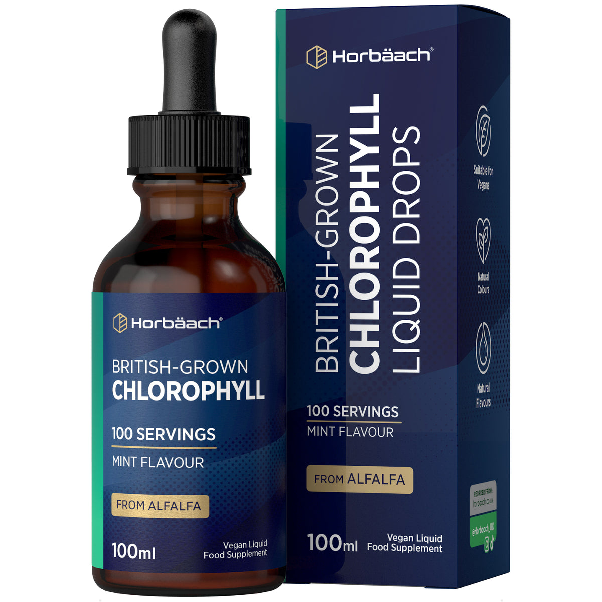 British-Grown Chlorophyll Liquid Drops, Mint Flavour, 100 Servings, 100ml Vegan Liquid Food Supplement, derived from Alfalfa.