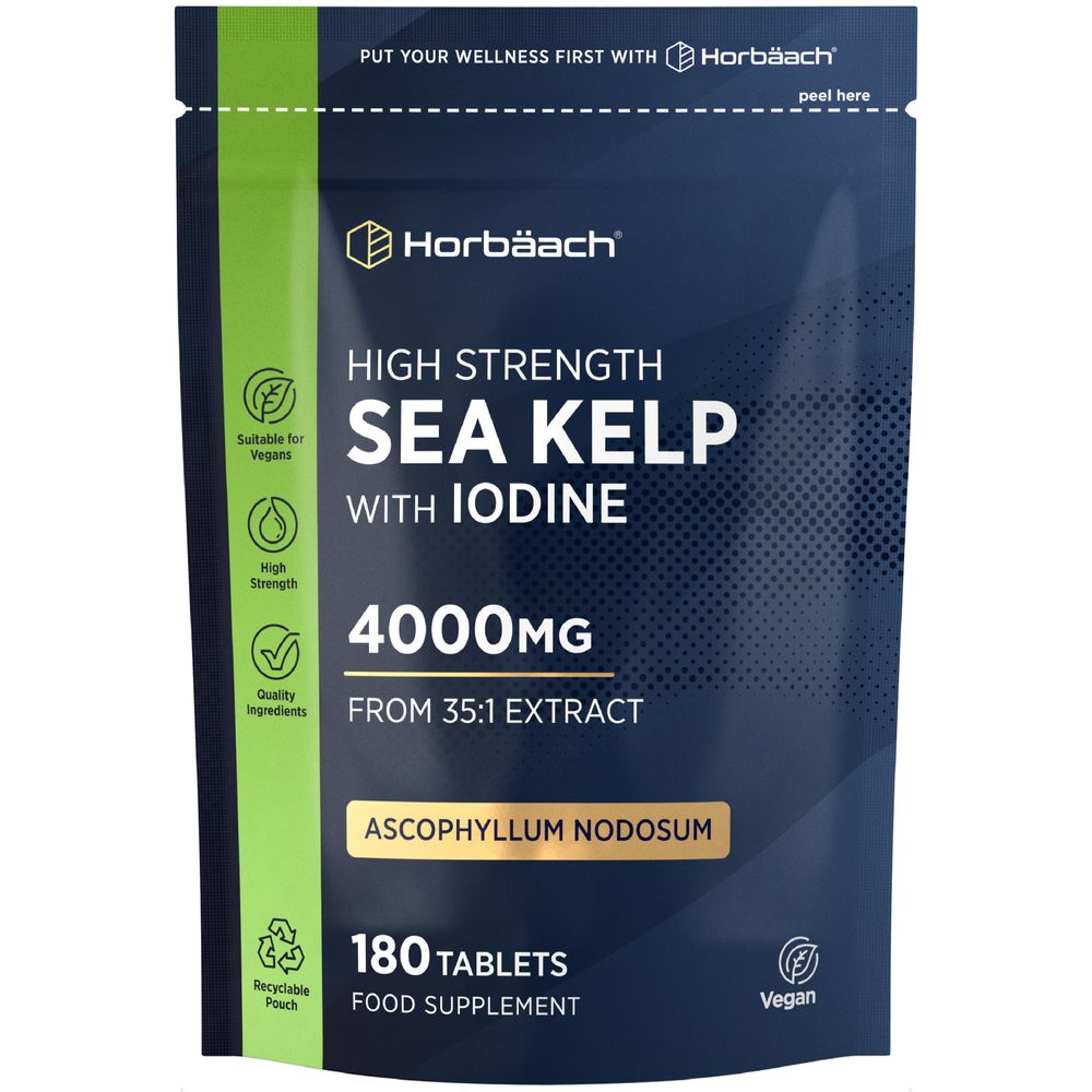 Sea Kelp tablets containing 4000mg of iodine, 180 count, held in hand to show scale.