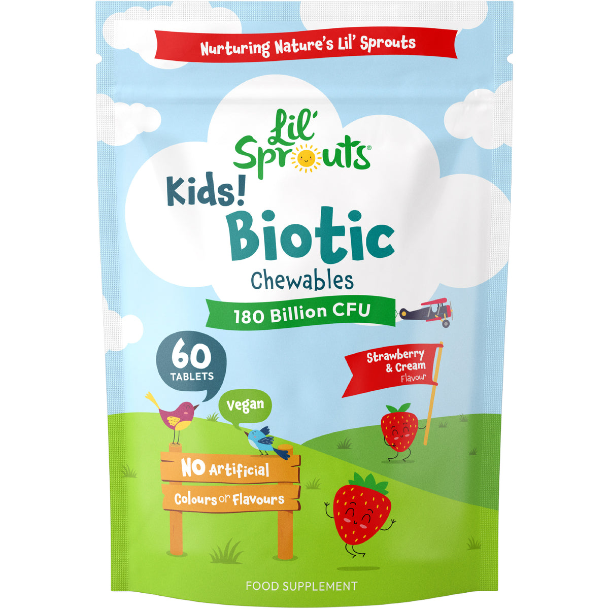 Lil' Sprouts Kids Biotic Chewables, 60 TABLETS, 180 Billion CFU, Strawberry & Cream Flavour, Vegan, NO Artificial Colours or Flavours.