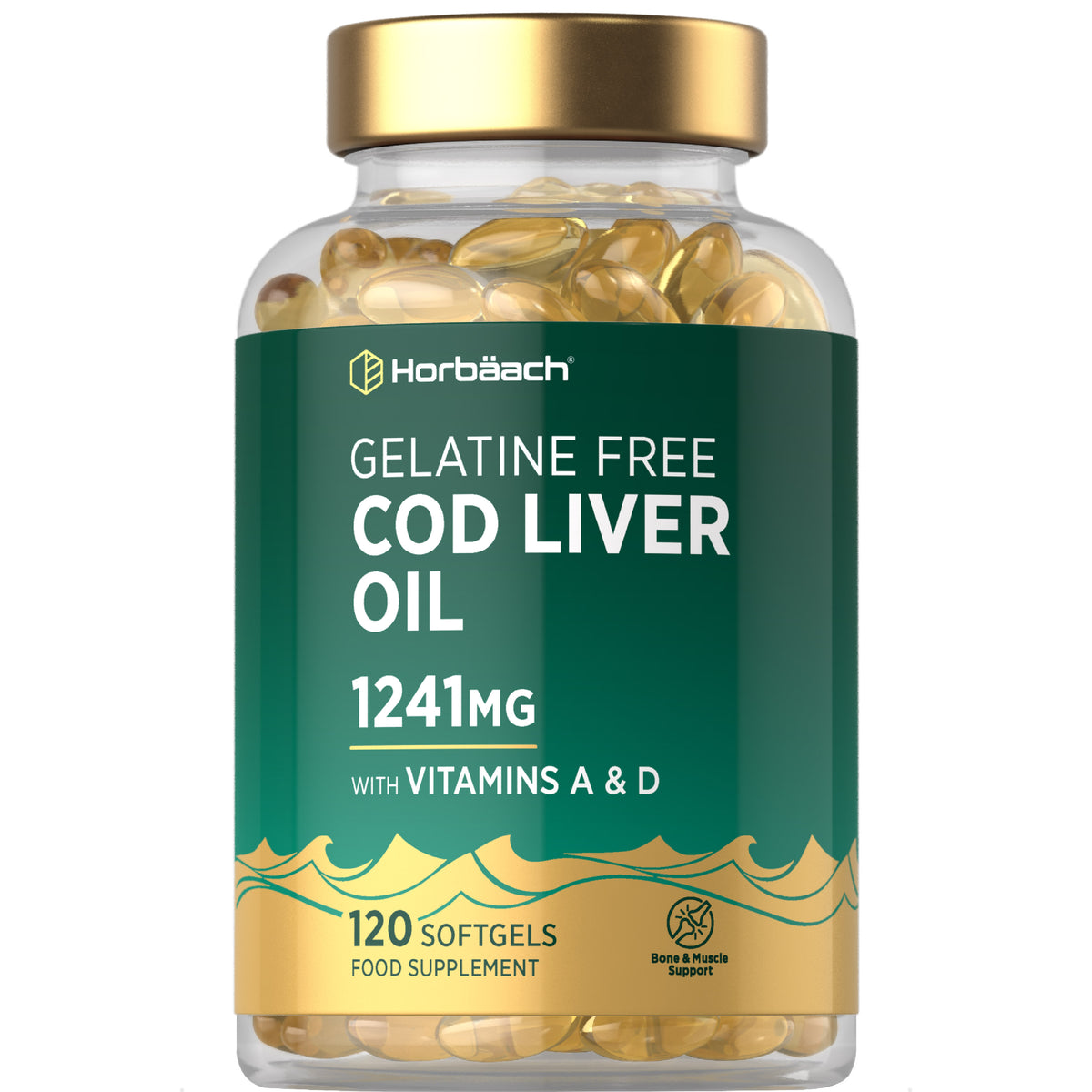 Horbäach Gelatine Free Cod Liver Oil 1241mg with Vitamins A and D in 120 softgels as a food supplement.