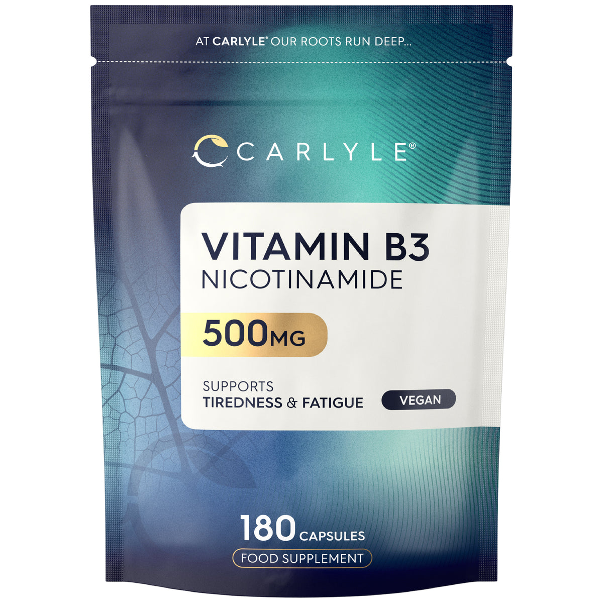 Carlyle Vitamin B3 Nicotinamide 500mg, 180 Capsules supports tiredness and fatigue. Vegan food supplement.