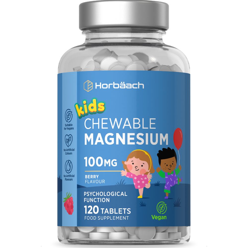 Chewable Magnesium tablets for kids, 100mg, 120 count, shown next to a hand to illustrate the size of the bottle.