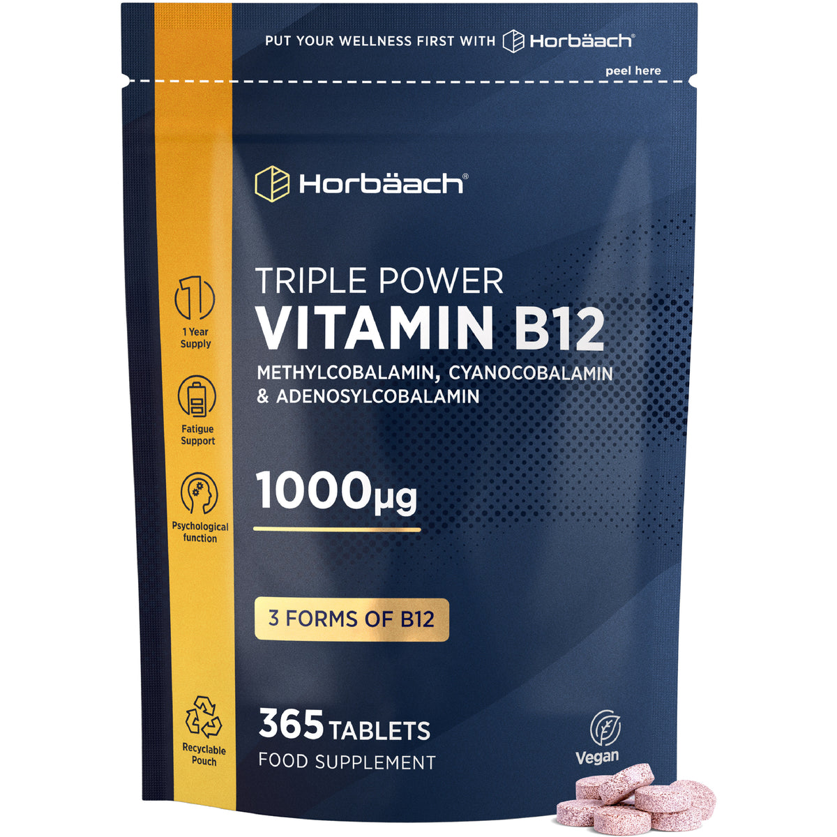 Horbäach Triple Power Vitamin B12 1000µg with Methylcobalamin, Cyanocobalamin, and Adenosylcobalamin; 365 vegan tablets.