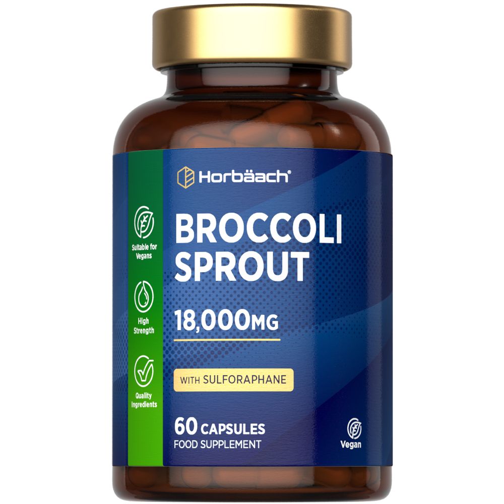 Hand holding a bottle of Broccoli Sprout 18,000mg, 60 vegan capsules with Sulforaphane.