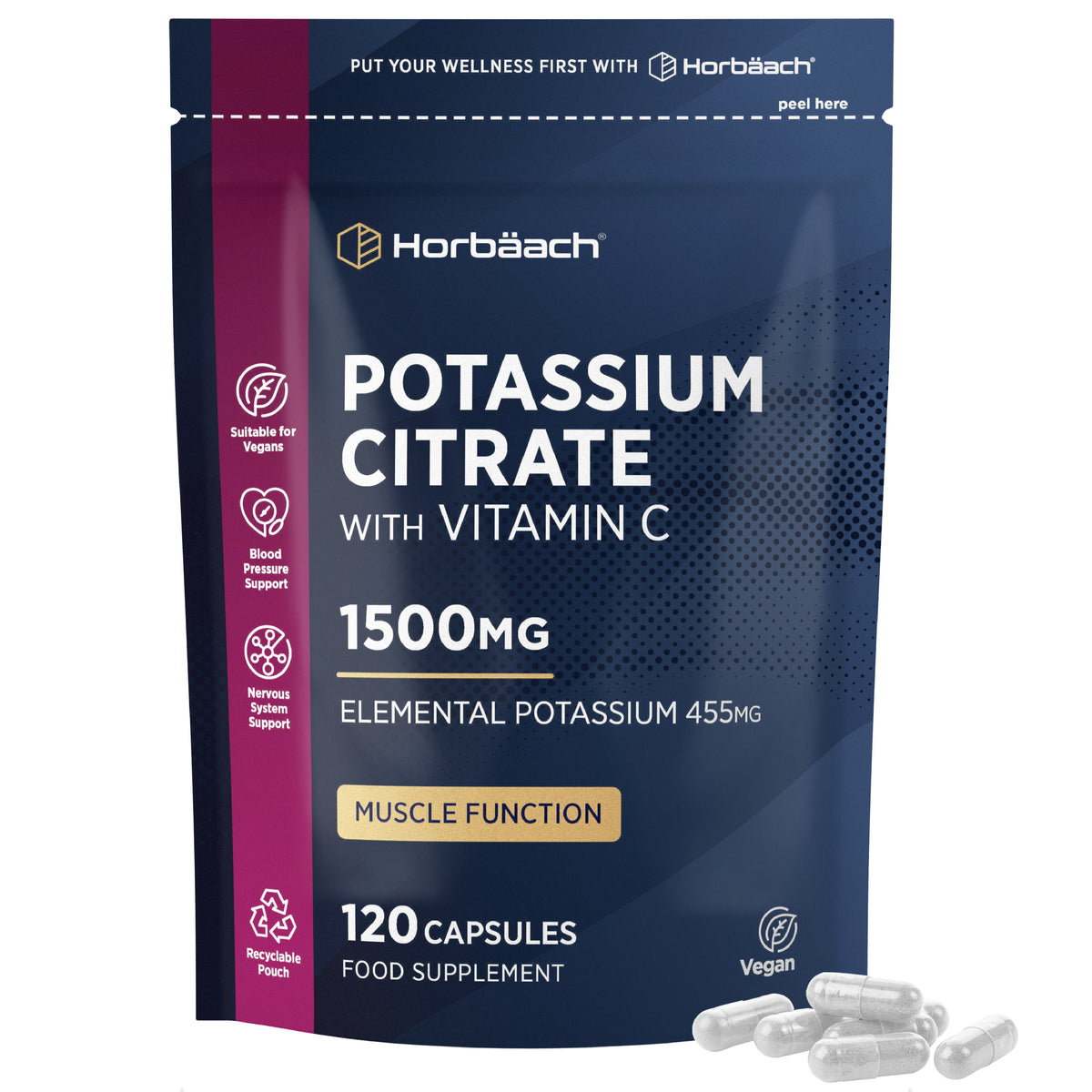 Potassium Citrate & Vitamin C supplement, 1500mg with 455mg Elemental Potassium, 120 Vegan Capsules, Food Supplement.