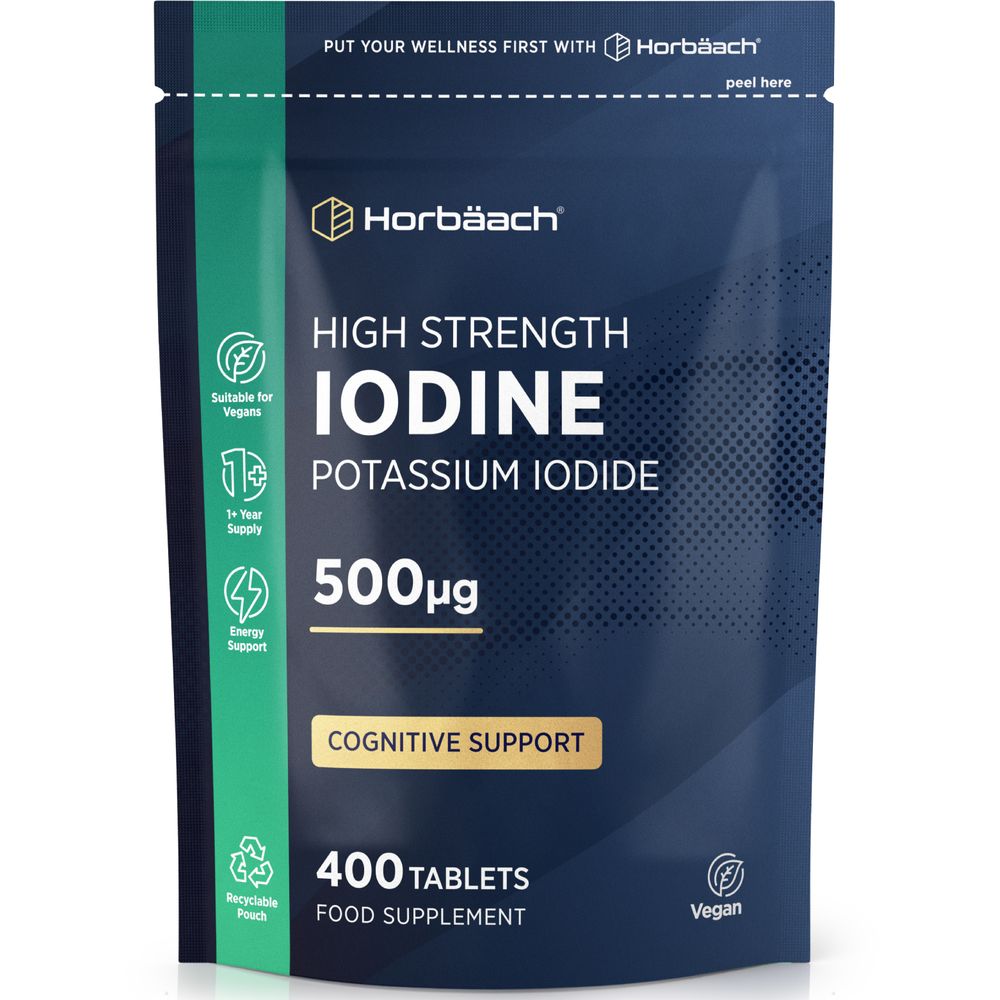 A bottle labeled 'Iodine Potassium Iodide 500µg' containing 400 tablets, resting on a scale for size reference.
