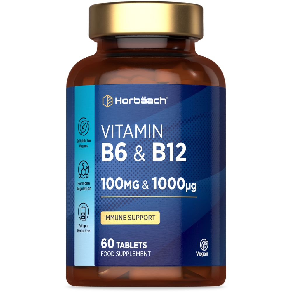 A bottle of Vitamin B6 100mg and B12 1000mcg containing 60 tablets, shown on a hand scale for bulk measurement visualization.