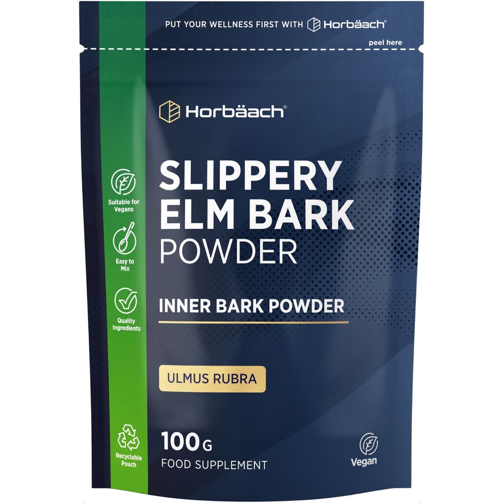 A 100 g vegan pouch of Slippery Elm Bark Powder, recyclable and shown on a hand scale for bulk measurement.