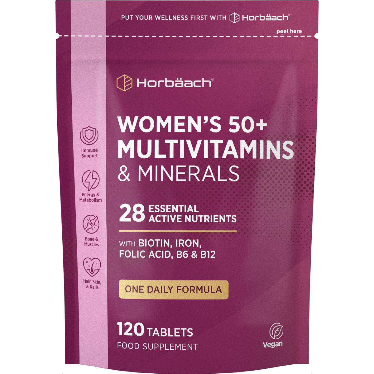 Horbäach Women's 50+ Multivitamins & Minerals, 120 Tablets. Contains 28 essential nutrients. One Daily Formula, Vegan.