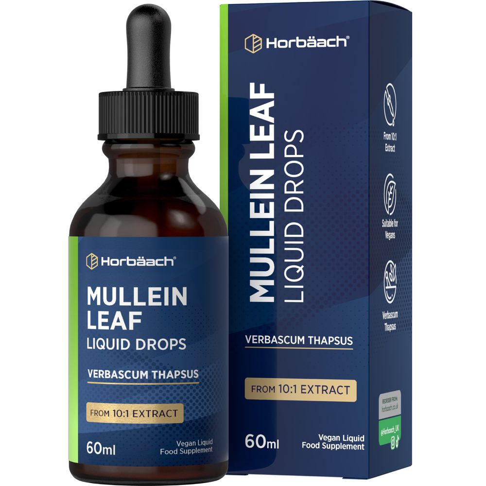 A 60ml bottle of Mullein Leaf Liquid Drops with its packaging.