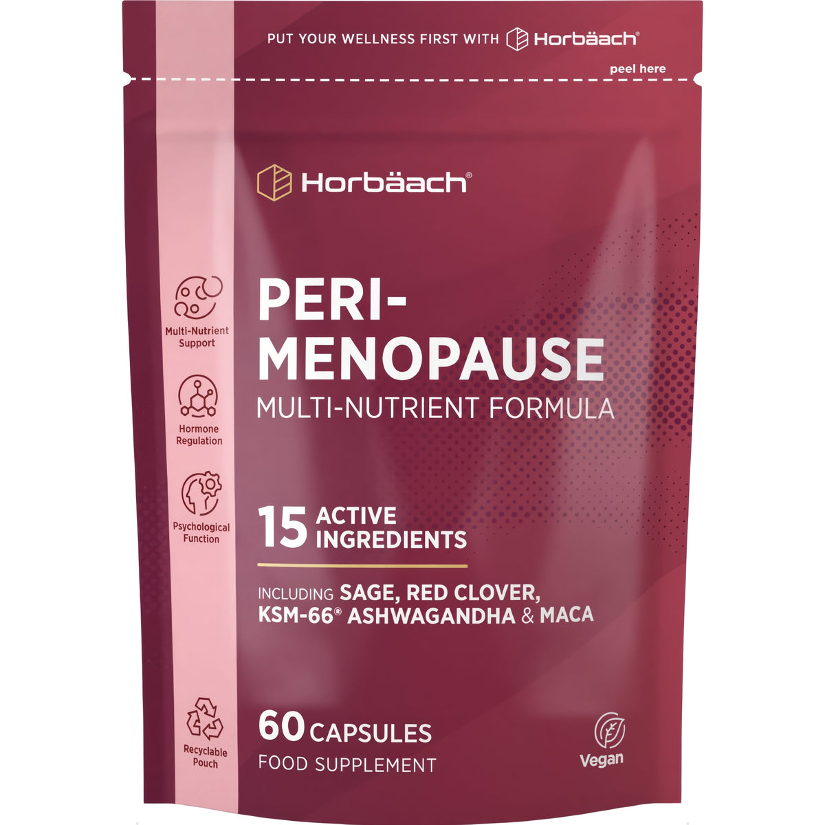 Perimenopause Complex, 60 Vegan Capsules, featuring 15 active ingredients like Sage, Red Clover, KSM-66 Ashwagandha, and Maca.