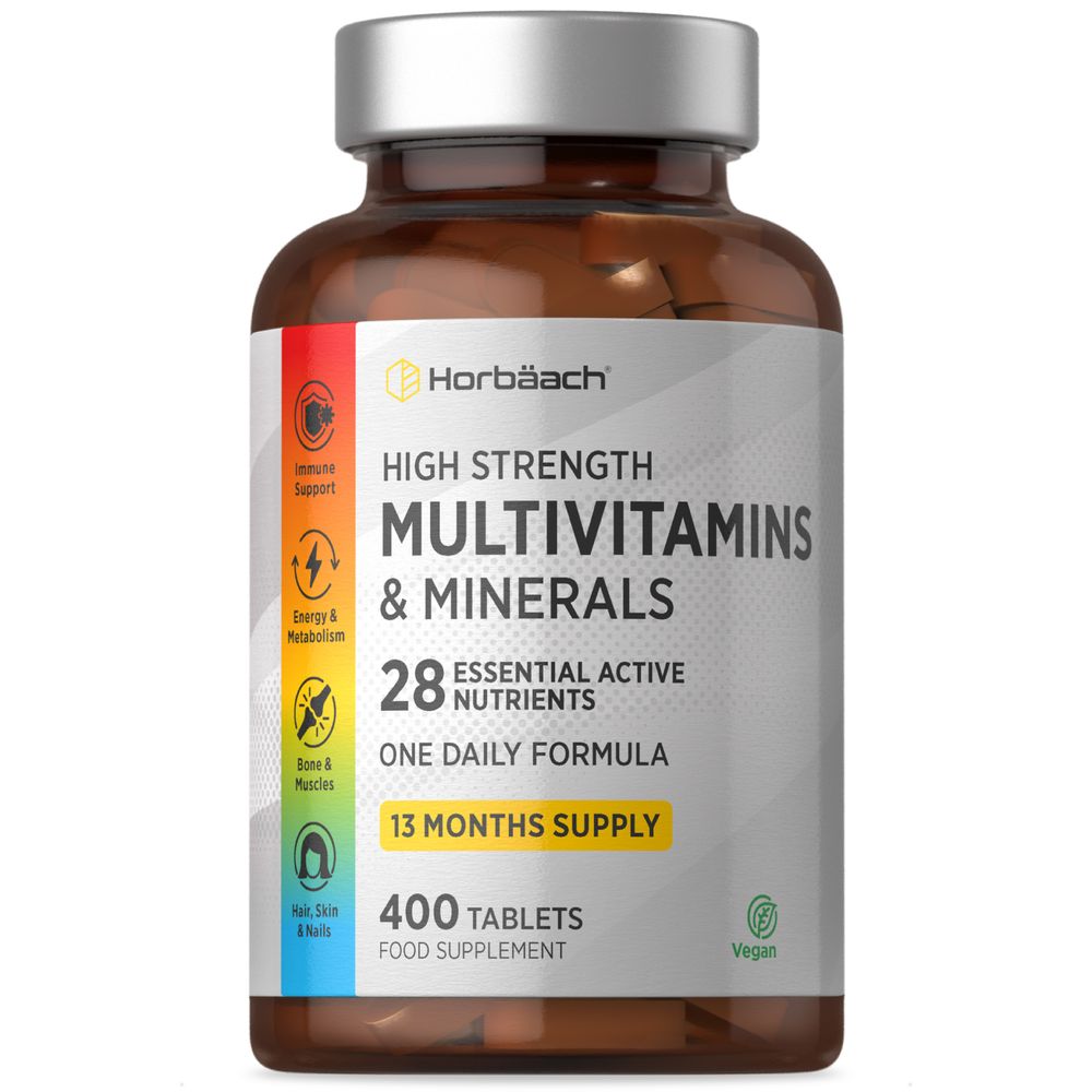Horbäach High Strength Multivitamins & Minerals, 400 Vegan Tablets shown on a hand for scale.