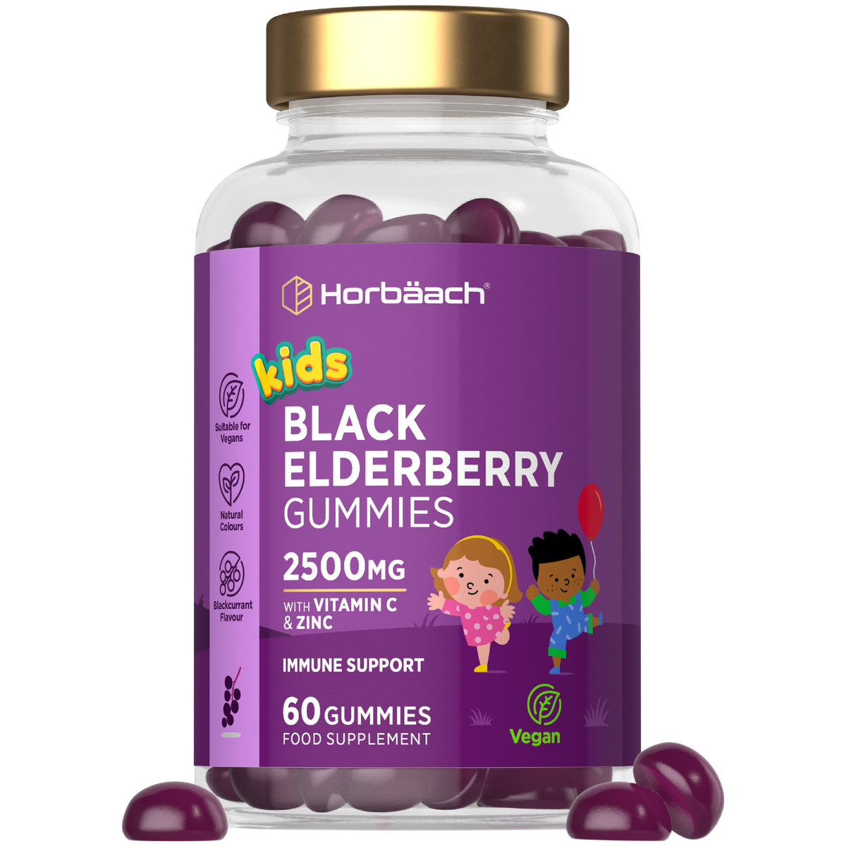 Horbäach Kids Black Elderberry Gummies with Vitamin C & Zinc, 2500mg, 60 vegan gummies for immune support.