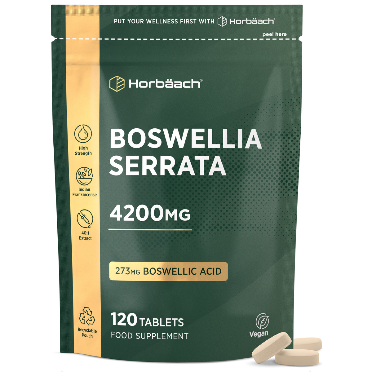Boswellia Serrata 4200mg pouch contains 120 vegan tablets with 273mg of Boswellic Acid as a food supplement.