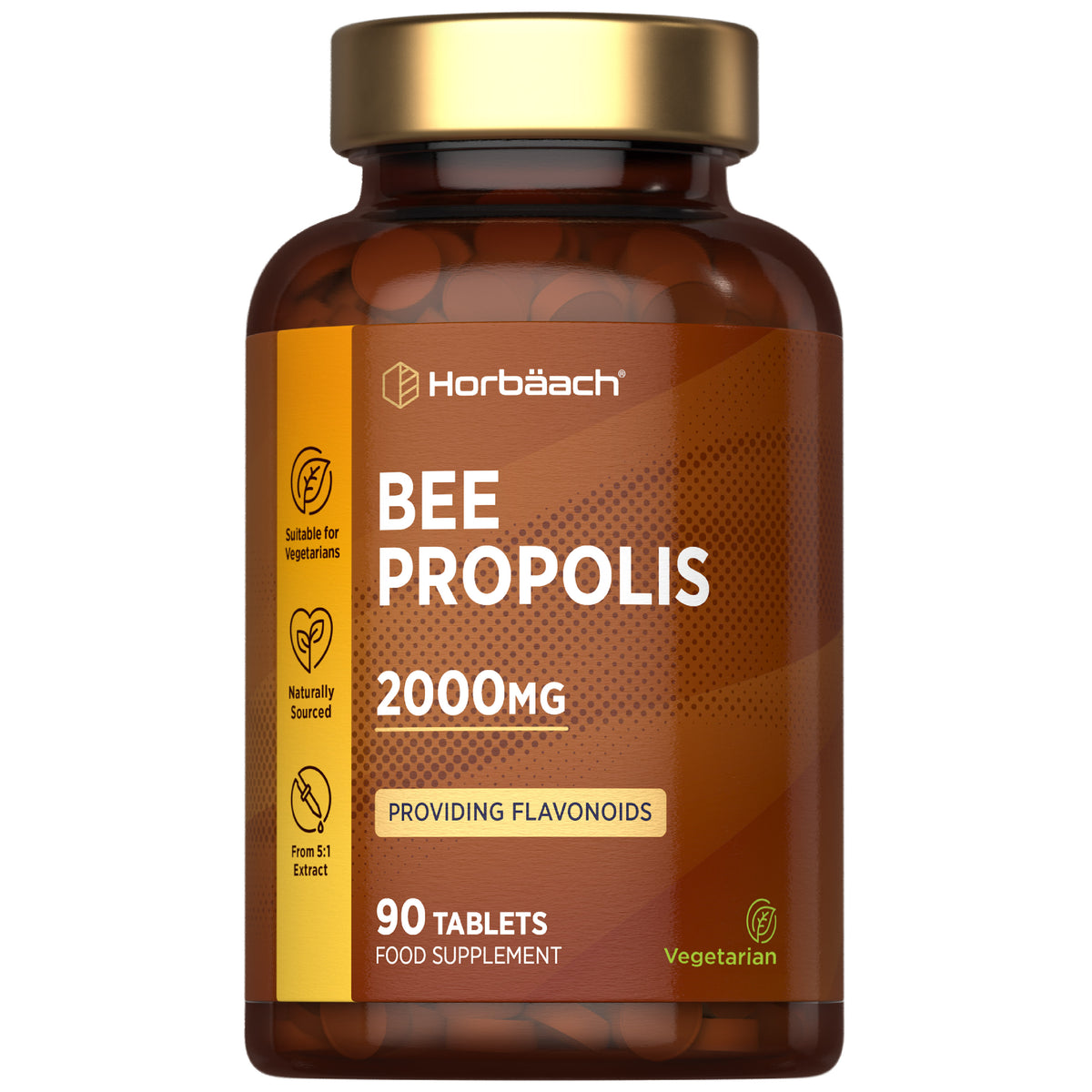 Horbäach Bee Propolis 2000mg, 90 Vegetarian Tablets, food supplement with flavonoids from a 5:1 extract.