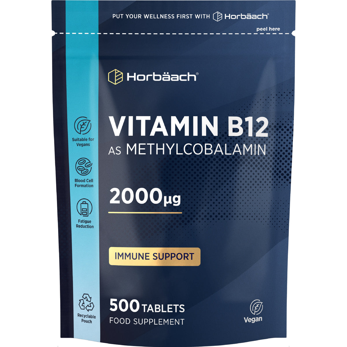 Vitamin B12 as methylcobalamin 2000µg in a pack of 500 tablets, presented in a recyclable pouch as a food supplement.