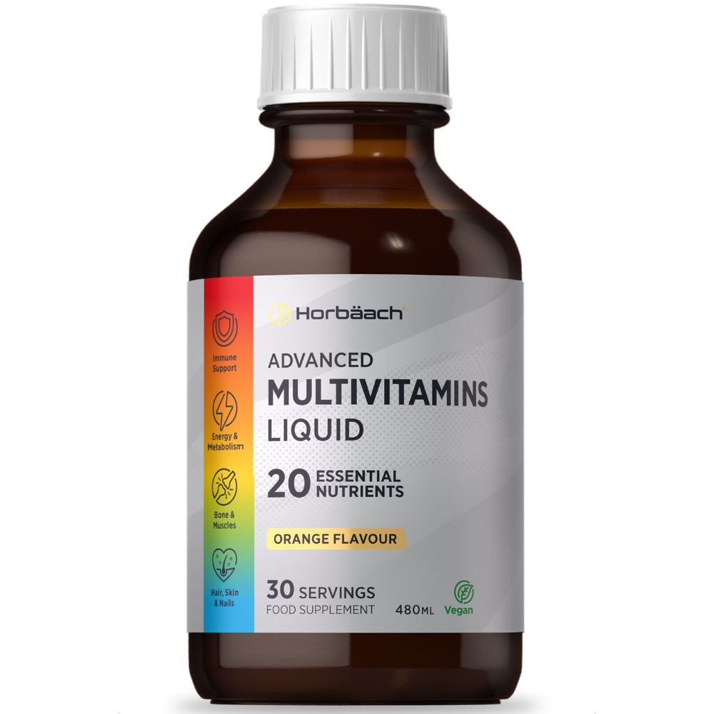 Horbäach Advanced Multivitamins Liquid 480ml bottle shown on hand scale, suitable for vegans.
