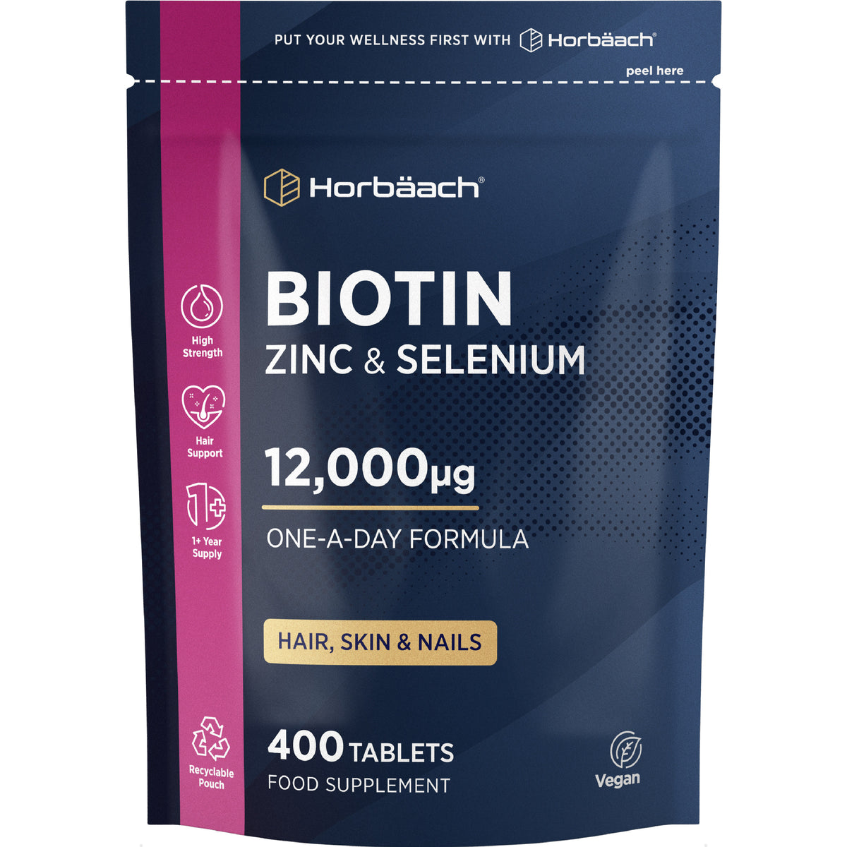 Biotin Zinc & Selenium 12,000µg 400 tablets, a one-a-day formula food supplement for hair, skin, and nails, suitable for vegans.