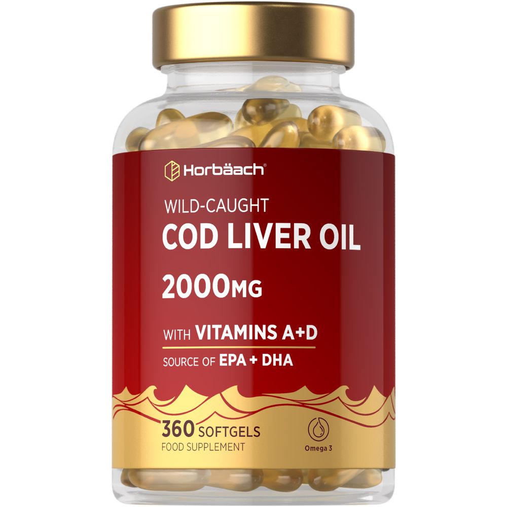 A clear bottle containing 360 softgels of Cod Liver Oil 2000mg.