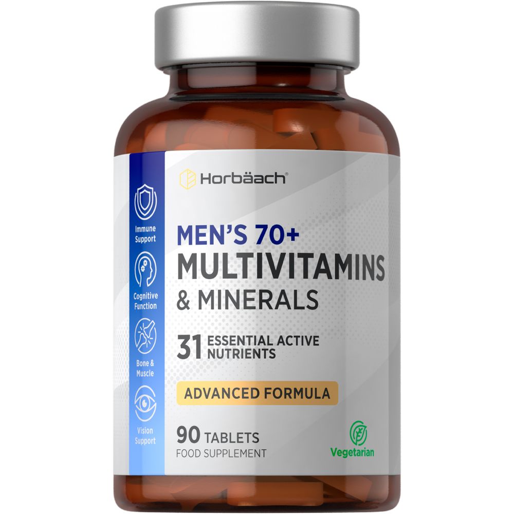 Hand holding Men's 70+ Multivitamins & Minerals bottle containing 90 tablets for senior health support.