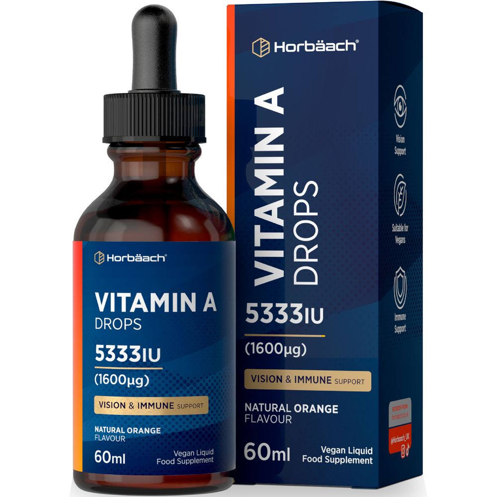 Vitamin A Drops 5333IU (1600µg) 60ml Vegan Liquid Supplement with a Natural Orange Flavor, held in hand.