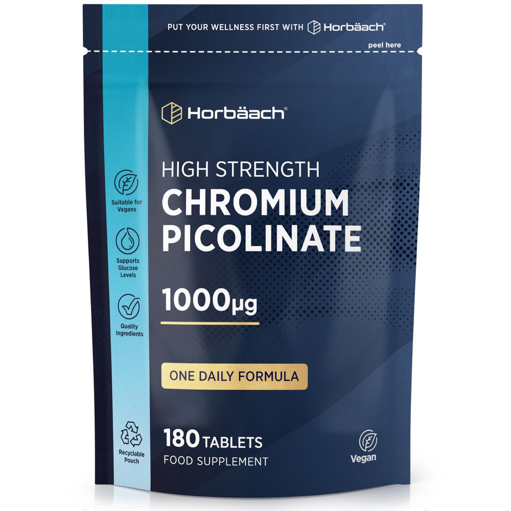A pouch containing 180 vegan tablets of Chromium Picolinate 1000µg food supplement.