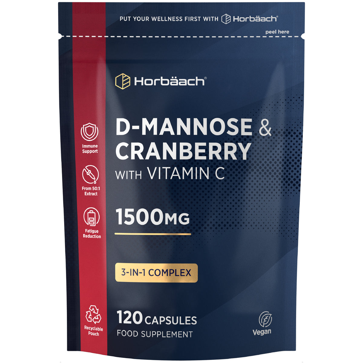 D-Mannose & Cranberry with Vitamin C, 1500mg, 120 capsules, food supplement bottle.