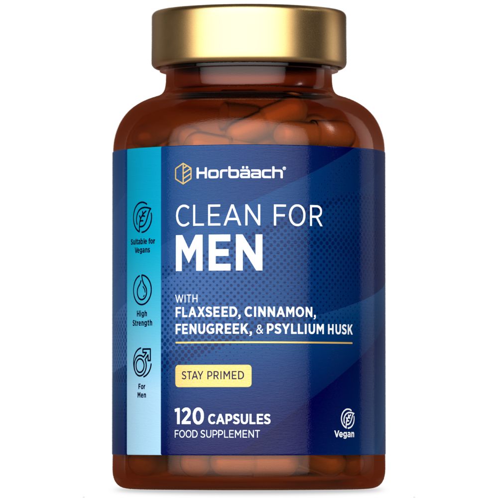 A bottle of Clean for Men containing 120 capsules of a food supplement, displayed on a hand scale, suitable for daily health support.