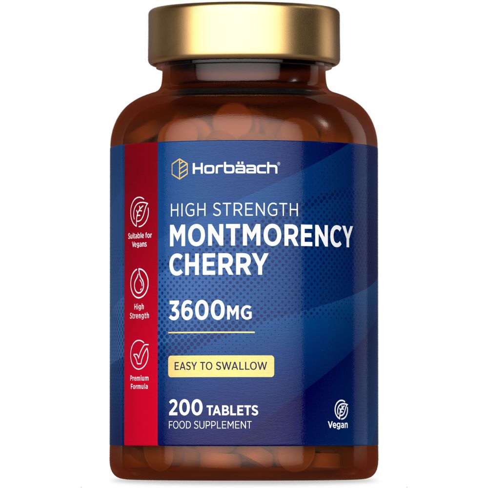 A hand holding Montmorency Cherry 3600mg bottle containing 200 vegan tablets.