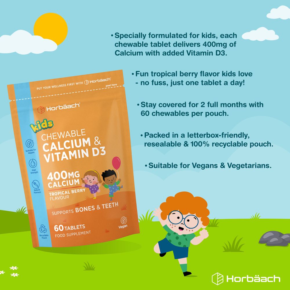 Horbäach Kids Chewable Calcium & Vitamin D3 tablets, 400mg calcium per tablet, tropical berry flavor, 60 count.