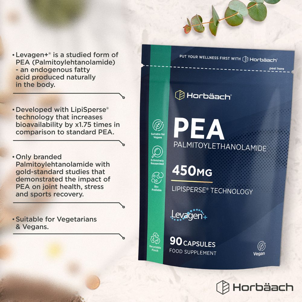 Hand holding a pouch of PEA Palmitoylethanolamide 450mg, containing 90 vegan capsules.