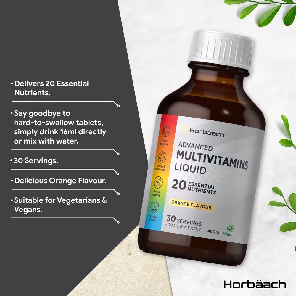 A 480ml bottle of vegan liquid multivitamins displayed on a hand scale.