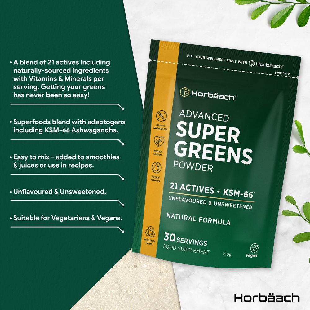 Horbäach Advanced Super Greens Powder 150g pouch, unflavoured, unsweetened, vegan, offers 30 servings.