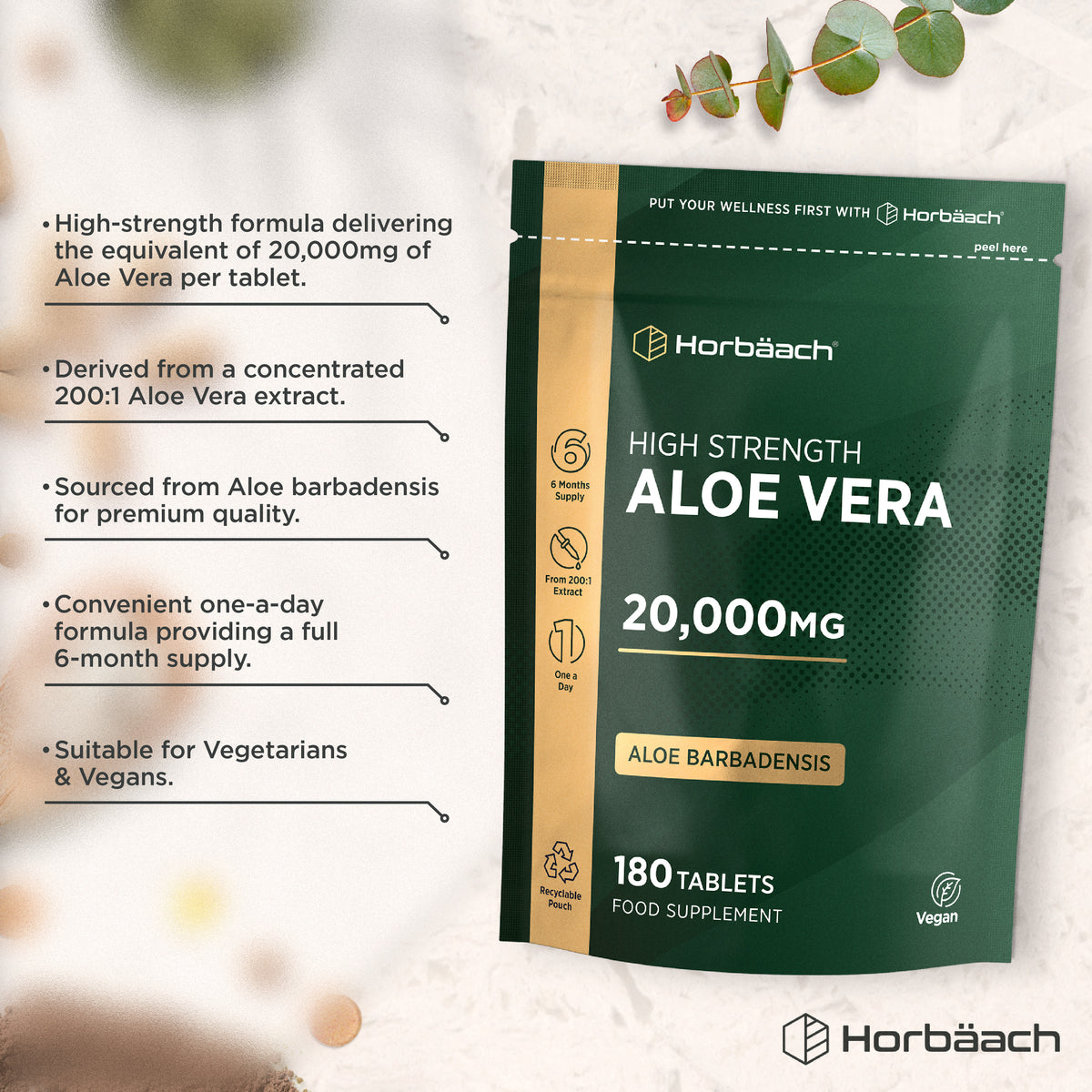 High Strength Aloe Vera 20,000mg, 180 Vegan Tablets Food Supplement, Aloe Barbadensis, packaged in a pouch.