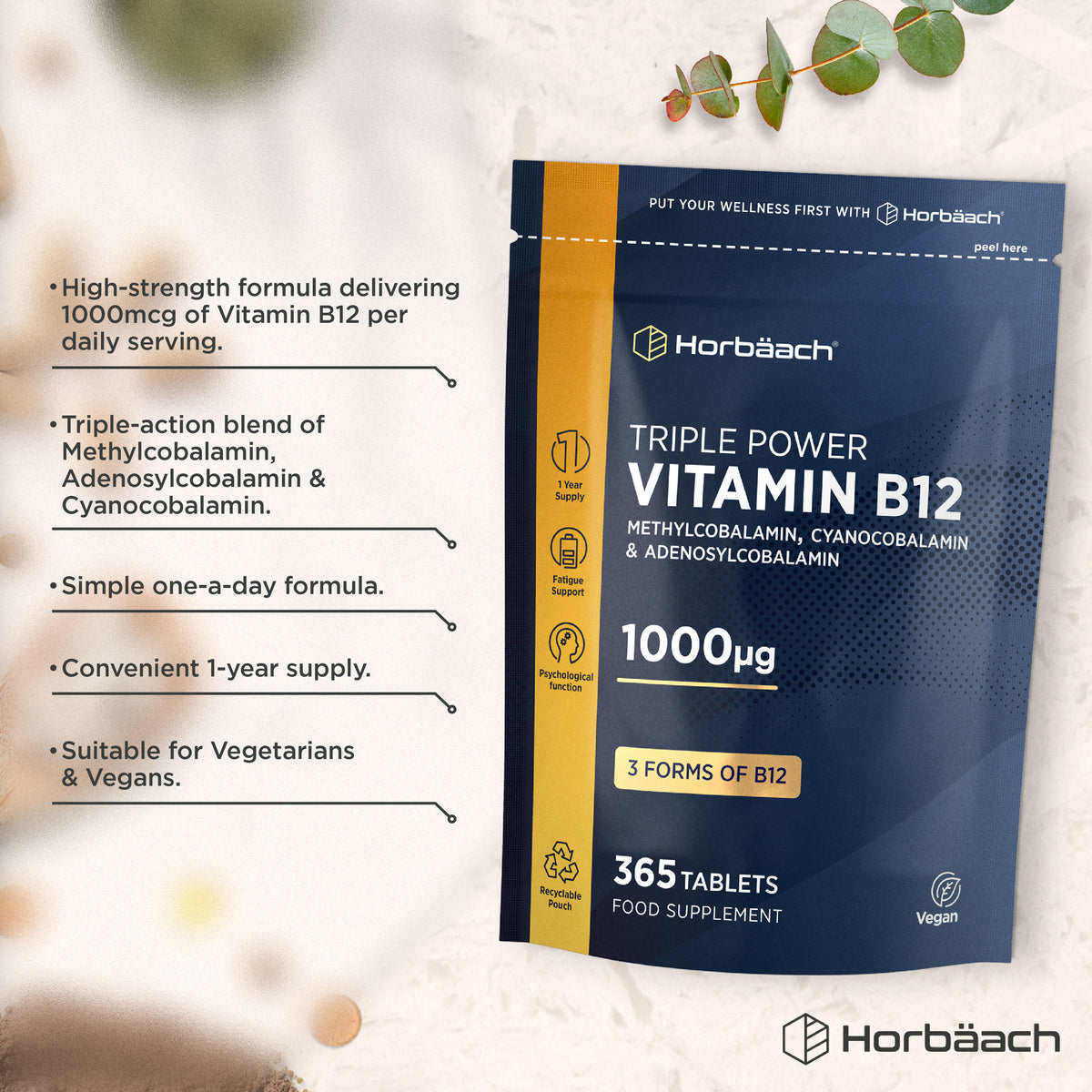 Product highlights graphic stating 1000mcg Vitamin B12 daily, triple-action blend, one-a-day, 1-year supply, for vegetarians & vegans.