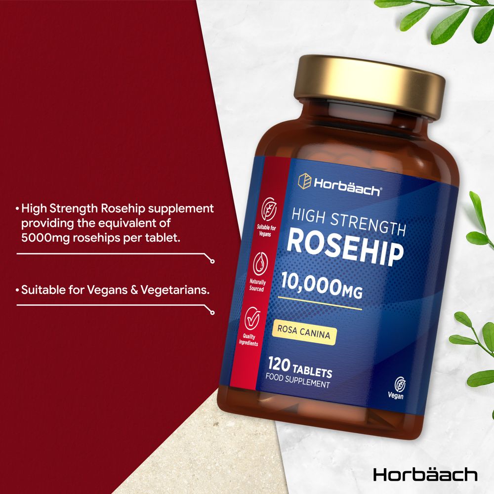 120 tablets of rosehip, each tablet providing the equivalent of 5000mg rosehips, displayed on a hand-scale.