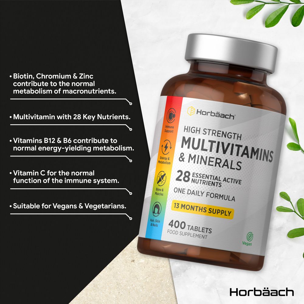 Horbäach Multivitamins and Minerals, featuring 400 vegan tablets in bulk, shown on a hand scale for size reference.