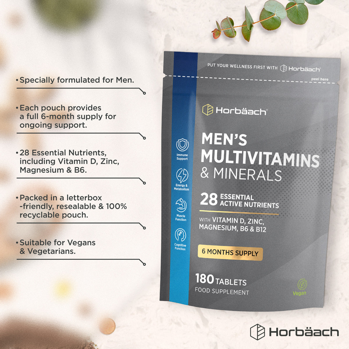 Horbäach Men's Multivitamins & Minerals, 180 tablets in a pouch. 6 months supply with 28 essential nutrients. Vegan.