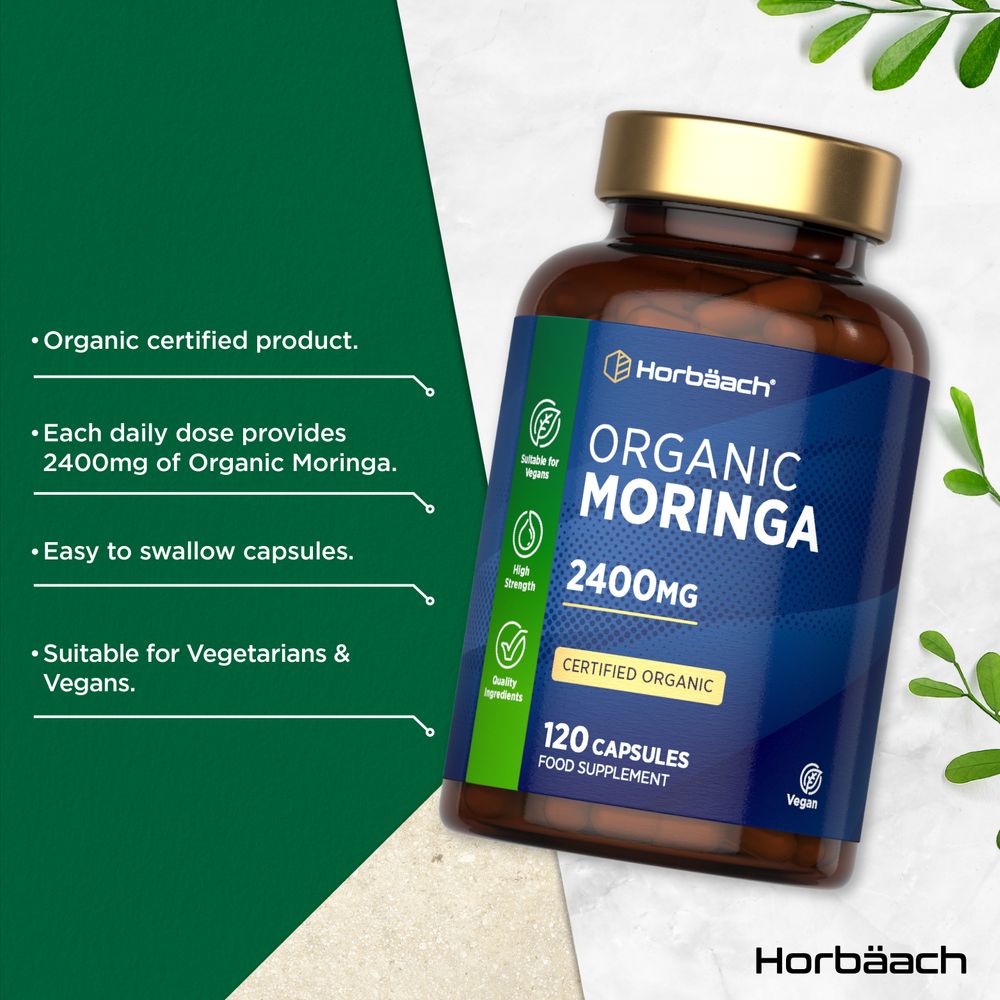 Bottle of organic Moringa supplement containing 2400mg per serving with a total of 120 capsules.