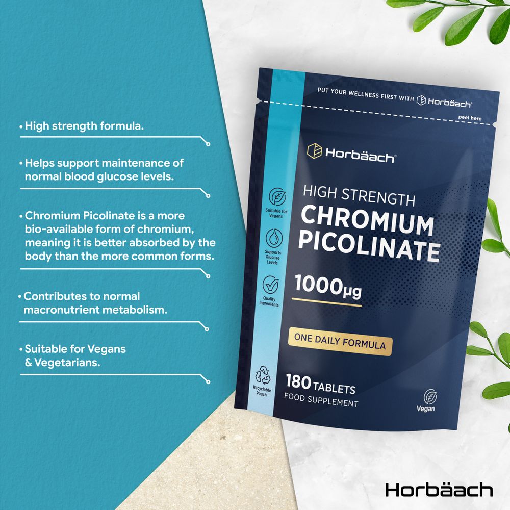A dark blue pouch containing 180 vegan tablets of Chromium Picolinate 1000µg displayed on a hand scale.