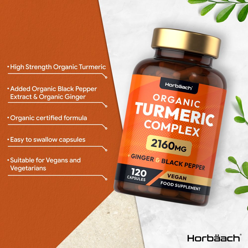 Product highlights graphic stating High Strength Organic Turmeric, Added Organic Black Pepper & Ginger, Organic, Easy swallow, Vegan & Vegetarian