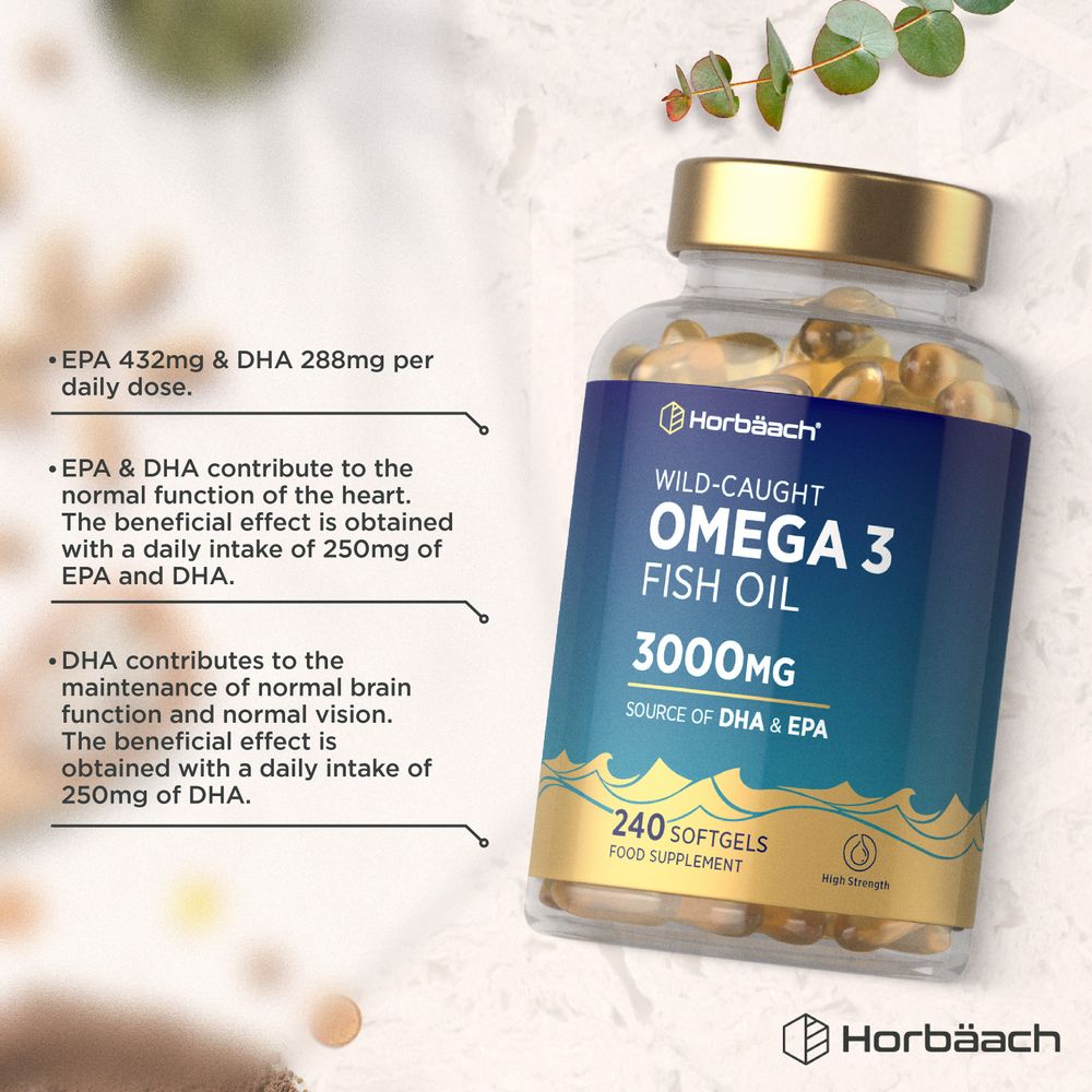 A clear bottle of Omega 3 Fish Oil 3000mg containing 240 softgels displayed on a hand scale.