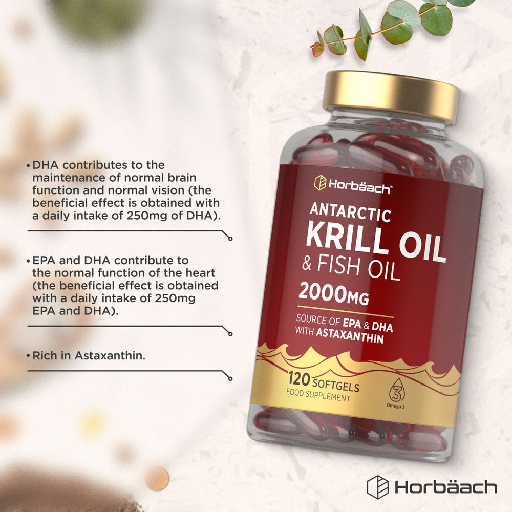 A hand holding a bottle of red Krill Oil and Fish Oil softgels with a 2000mg dosage and 120 count.